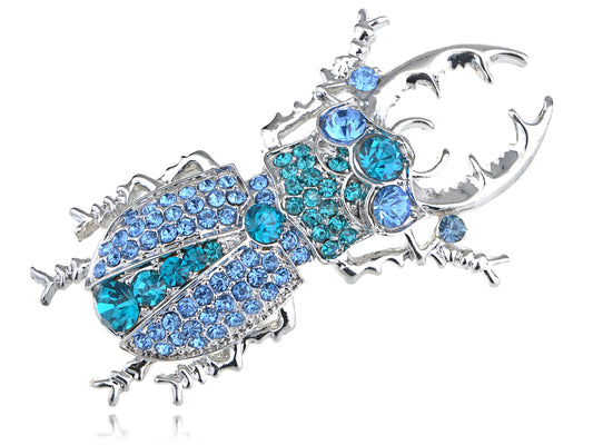 Silver Sapphire Blue Colored Beetle Bug Insect Brooch Pin