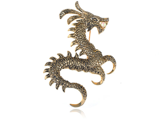 Gold Pearl Ancient Zodiac Dragon Monster Brooch Pin