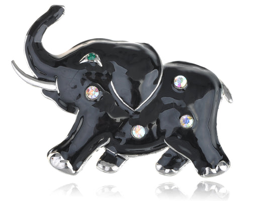 Jet Black Enamel Gem Holy Tusk Asian Elephant Pin Brooch