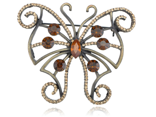 Brass Smoke Topaz Contempory Butterfly Outline Pin Brooch