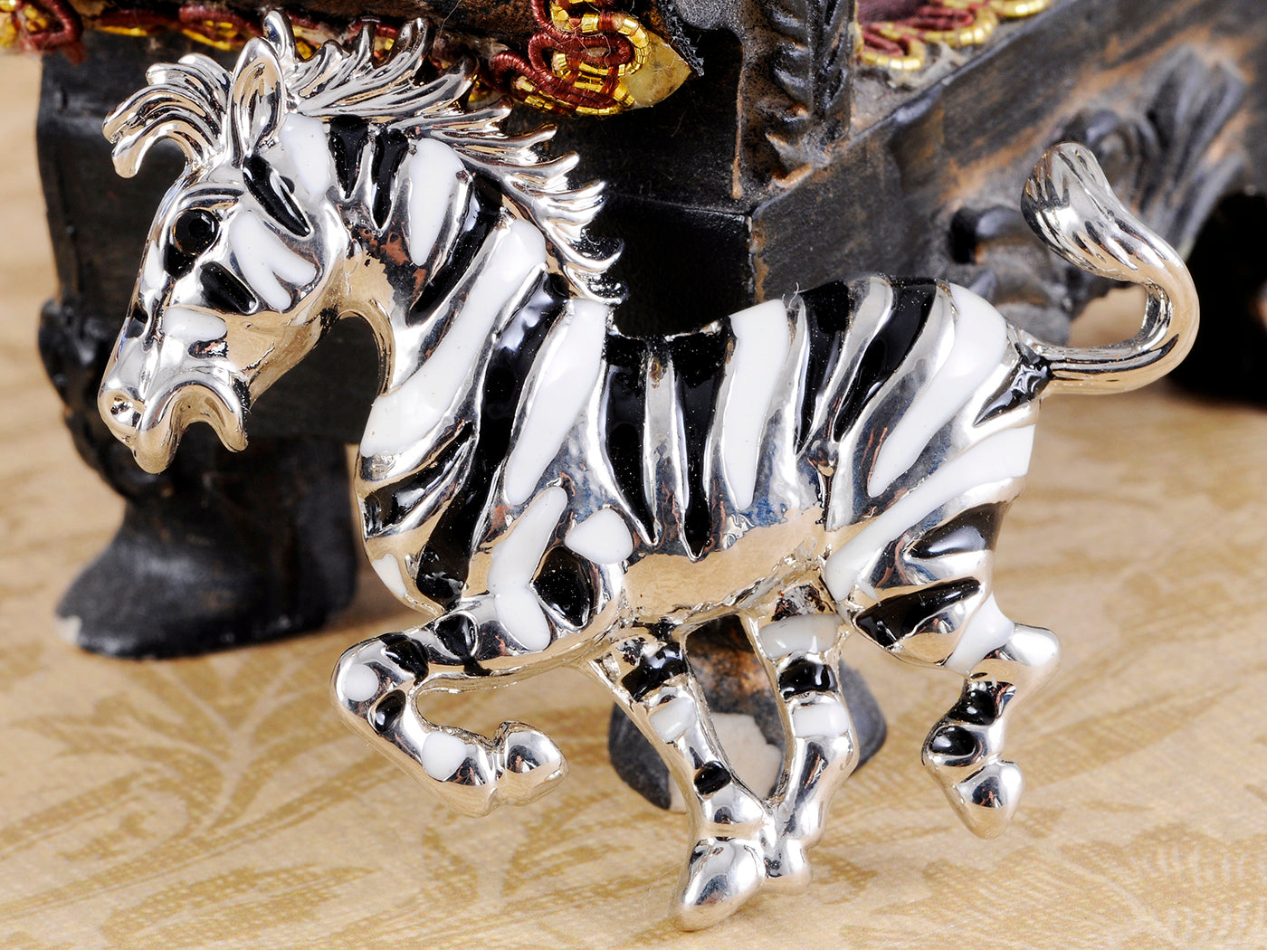 Black White Striped African Zebra Horse Brooch Pin