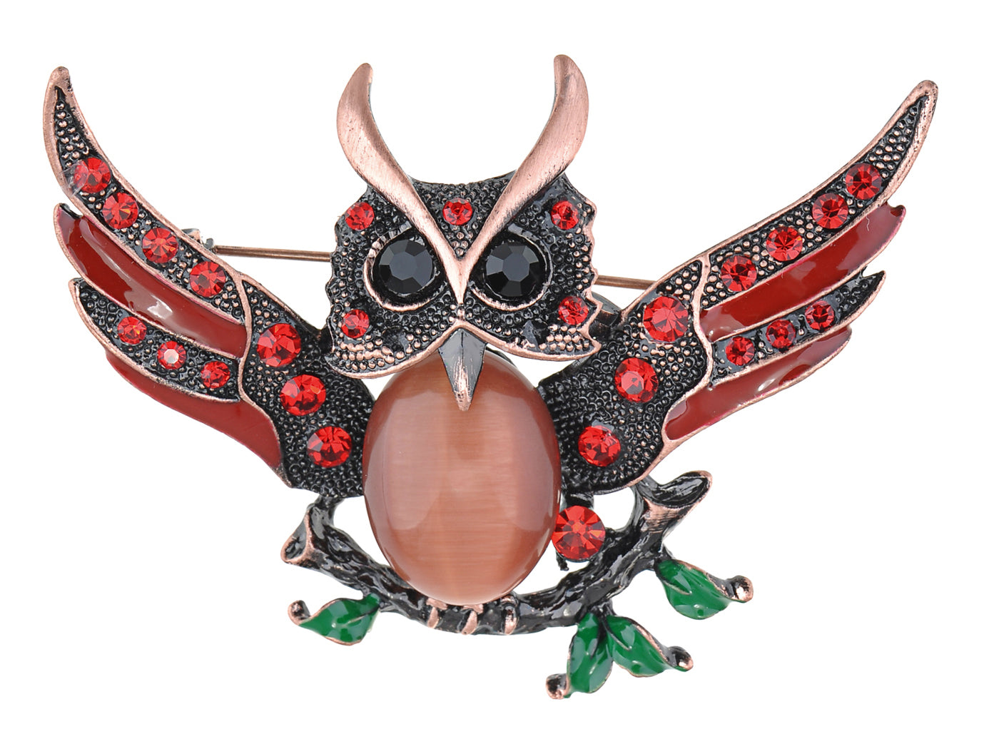 Antique Wise Owl On Branch Painted Enamel Bird Brooch Pin