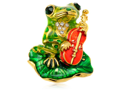 Emerald Green Colored Frog Toad Violin Leaf Brooch Pin