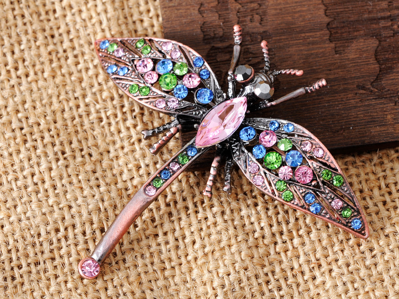 Art Noueveau Antique Copper Multi Color Dragonfly Pin Brooch