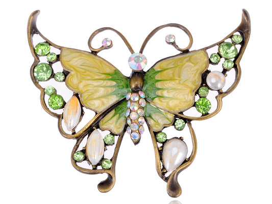 Antique Green Enamel Opal Butterfly Insect Brooch Pin