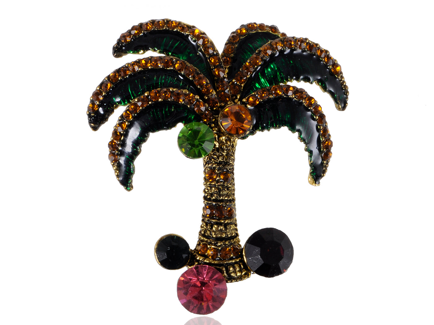 Multi Color Jeweled Green Enamel Palm Tree Pin Brooch