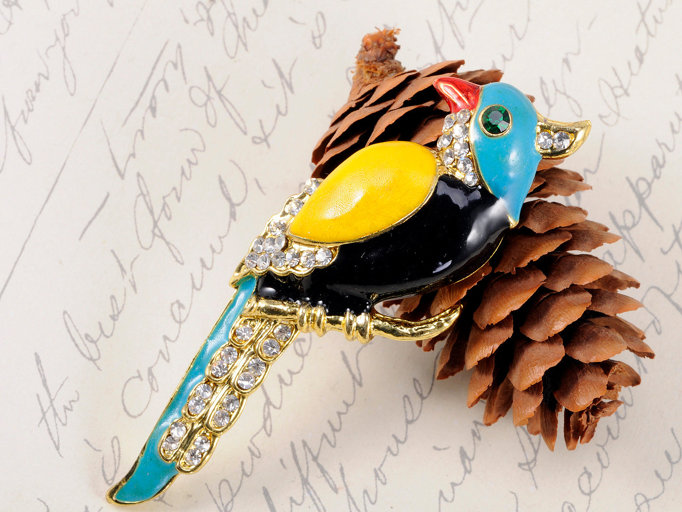 Colorful Painted Enamel Parrot Sitting Branch Bird Pin Brooch
