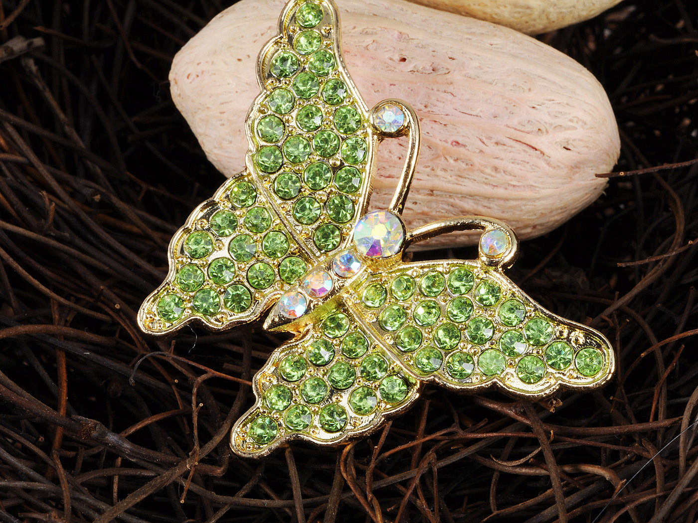 Green And White Embellished Butterfly Pin Brooch