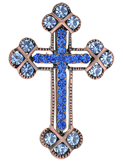 Copper Sapphire Blue Colored Holy Cross Brooch Pin