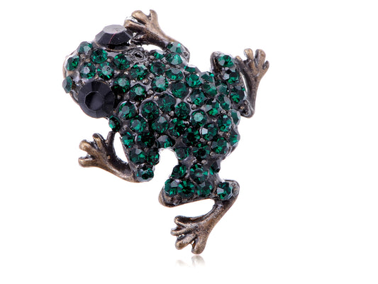 Green Frog Happy Brass Pin Brooch Black Eye Emerald Pin