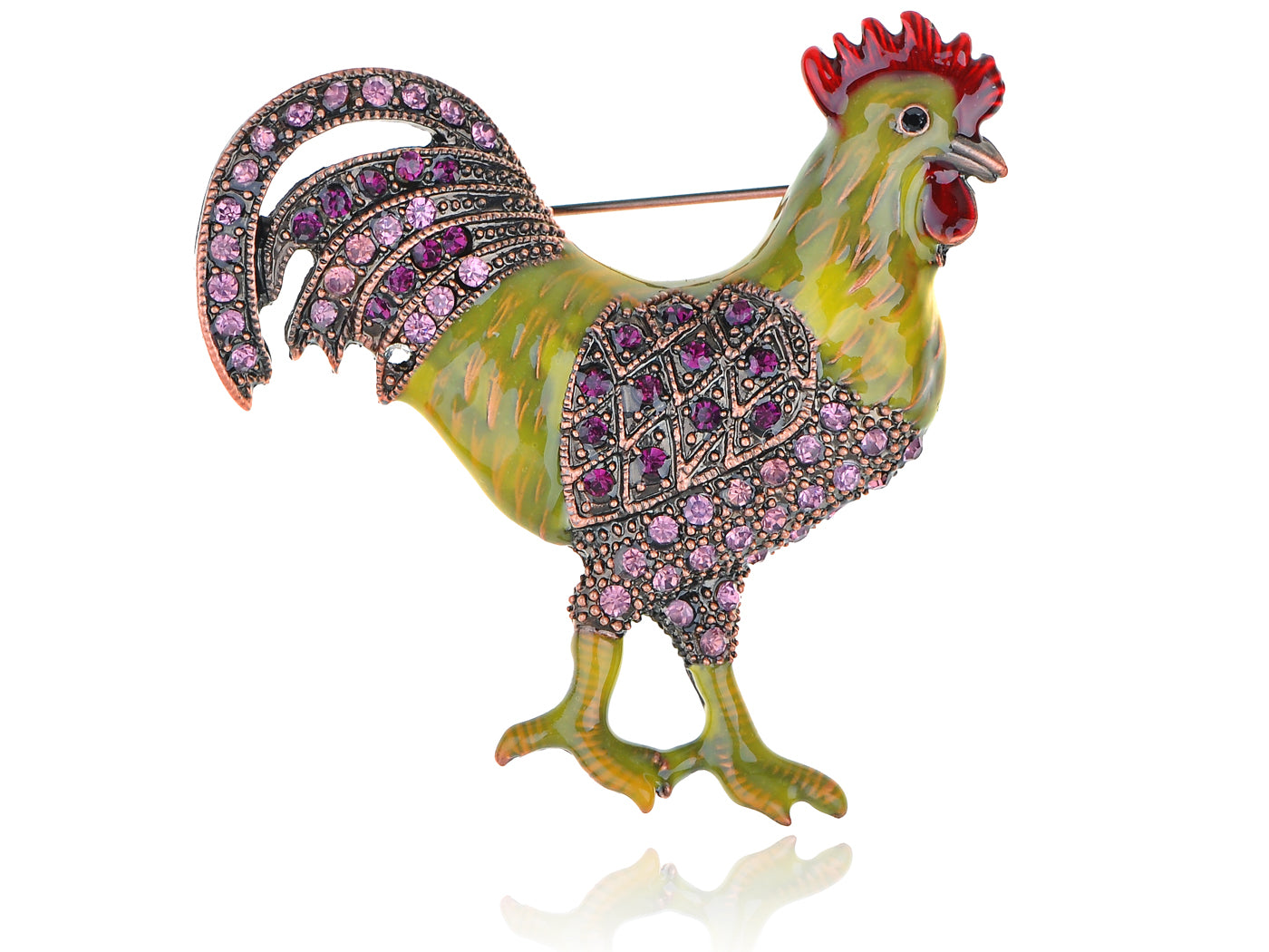 Copper Purple Yellow Green Chicken Rooster Brooch Pin