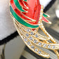 Crested Crimson Hunched Red Green Peacock Brooch