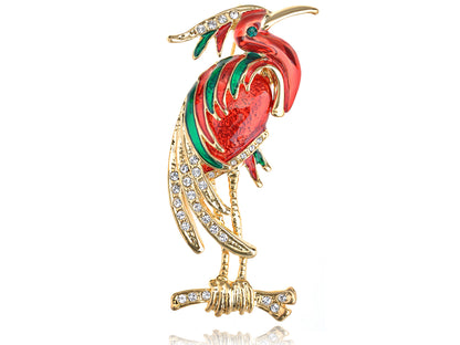 Crested Crimson Hunched Red Green Peacock Brooch