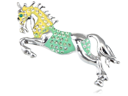 Galloping Stallion Horse Green Yellow Enamel Pin Brooch