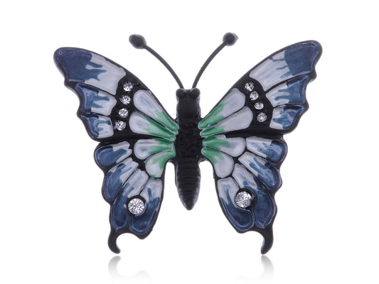 White Blue Enamel Black Butterfly Bug Brooch Pin