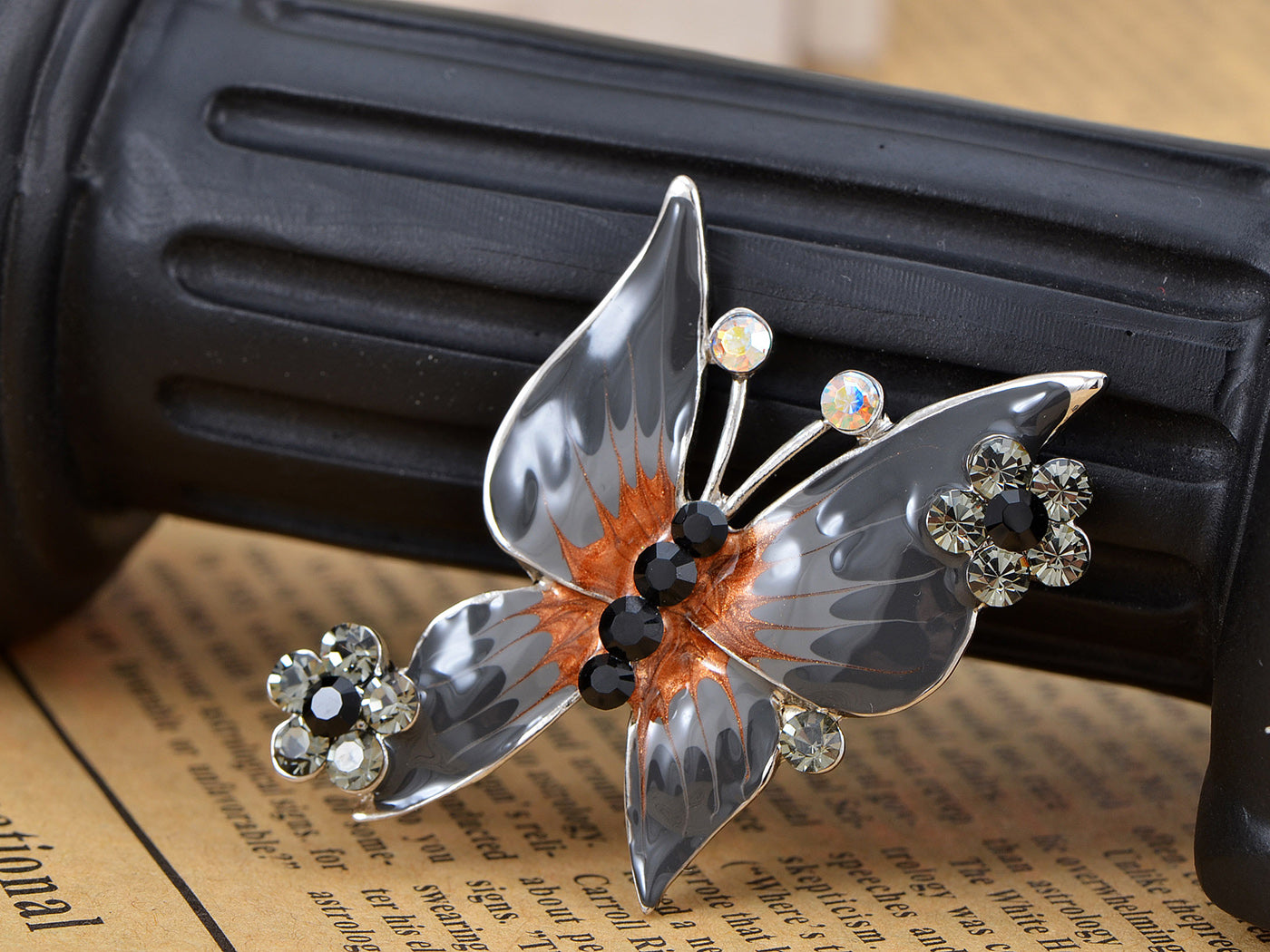 Jet Black Enamel Body Studded Outline Butterfly Brooch Pin