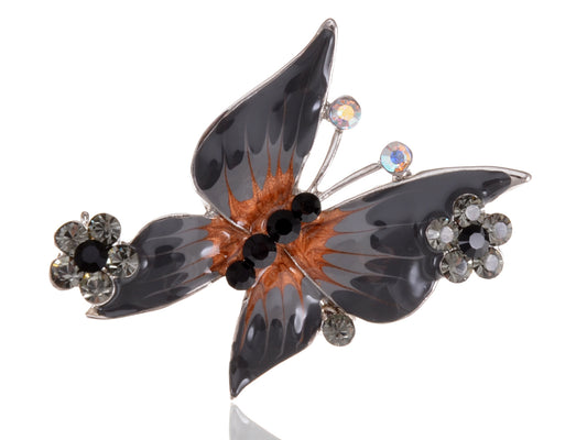 Jet Black Enamel Body Studded Outline Butterfly Brooch Pin