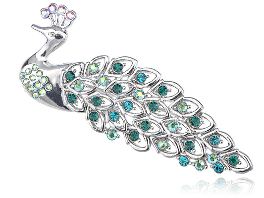 Emerald Ab Iridescent Blue Feather Peacock Brooch Pin
