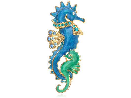 Seahorse Queen Creature Baby Set Family Blue Green Enamel Body Jewel Pin Brooch