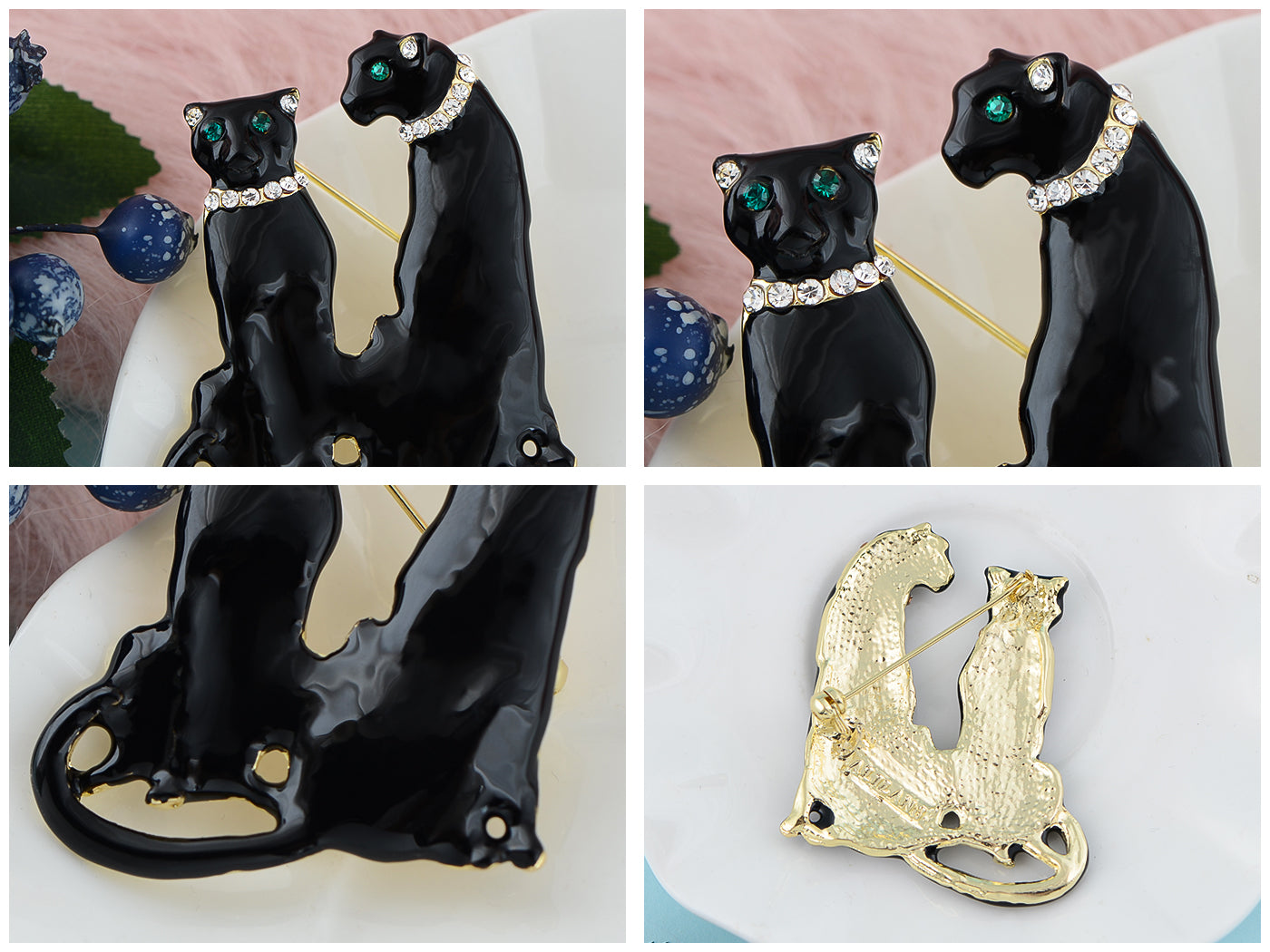 Tuquoise Blue Eyed Spotted Leopard Family Twin Lover Brooch Pin