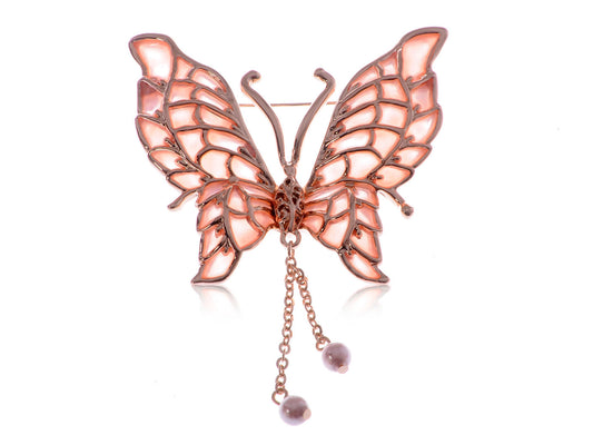 Dangling Pearl Peach Enamel Lined Butterfly Pin Brooch