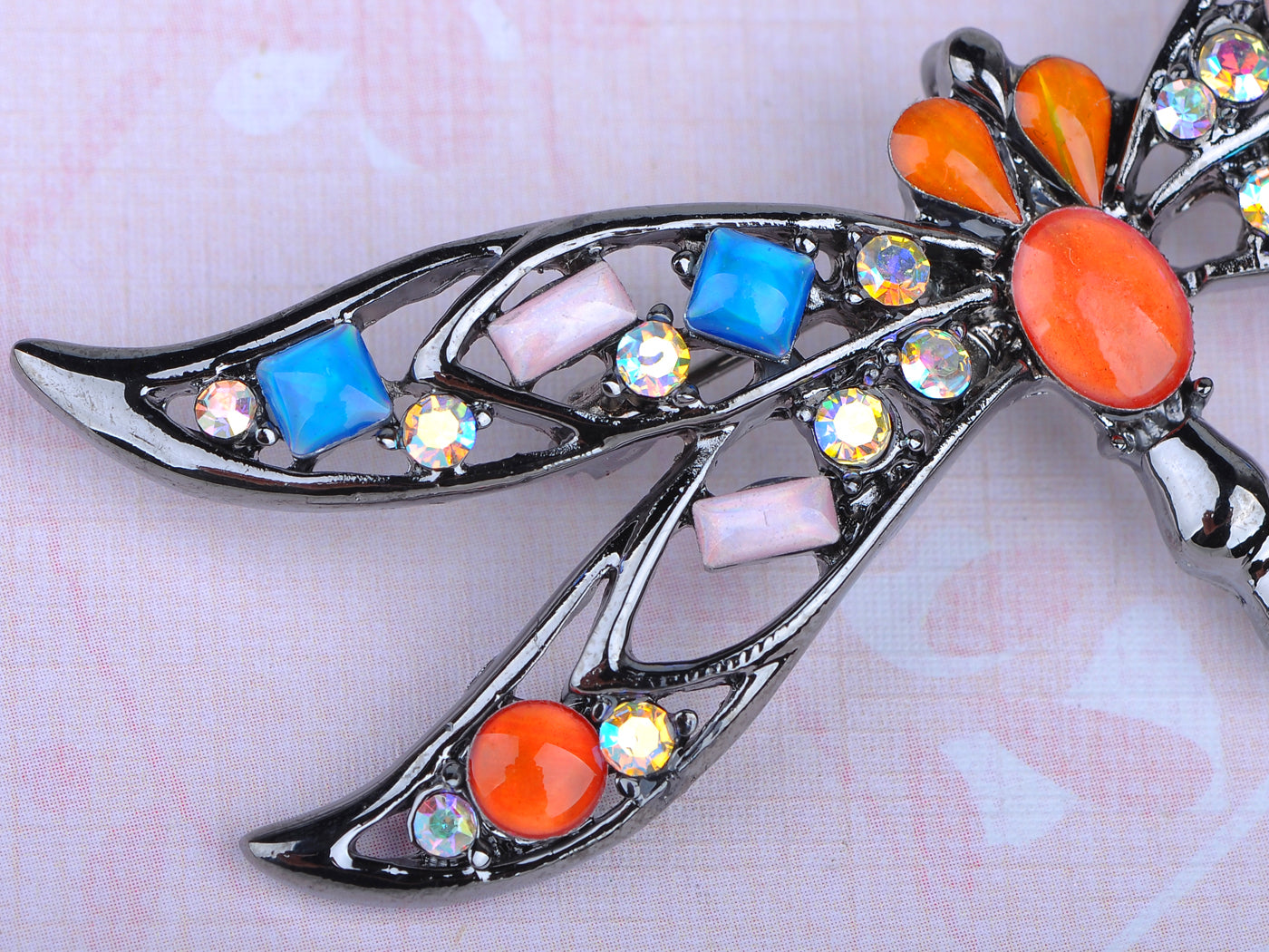 Gun Orange Pink Colored Dragonfly Insect Brooch Pin