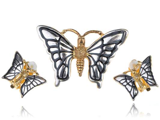 White & Flying Butterfly Pin Brooch Earring Set