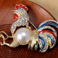 Gold Pearl Rooster Chicken Brooch Pin