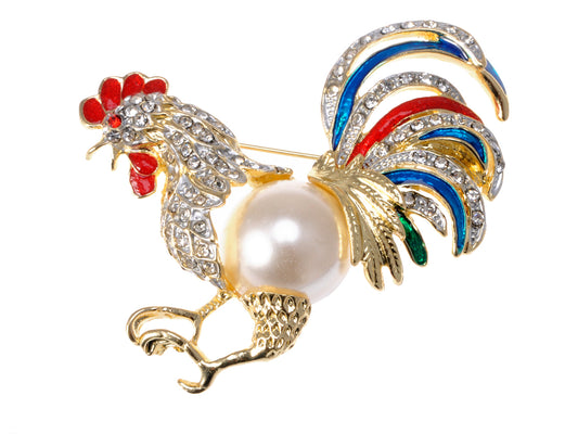 Gold Pearl Rooster Chicken Brooch Pin