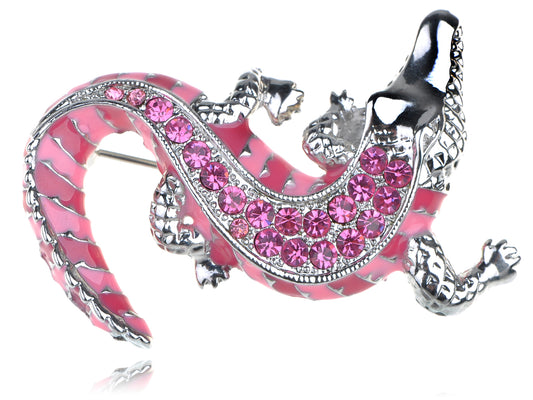 Hot Bright Pink Fuchsia Crawling Alligator Crocodile Reptile Body Brooch Pin