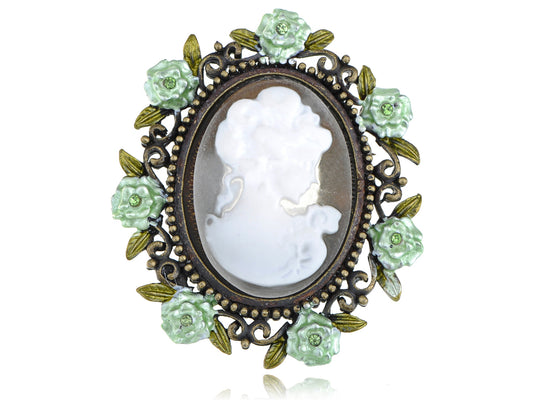 Antique Mint Green Vintage Floral Cameo Lady Woman Brooch Pin