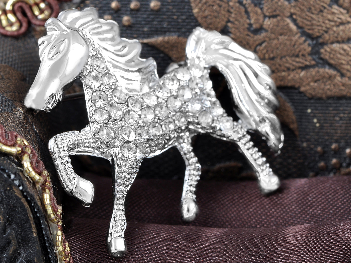 Silver Equestrian Galloping Horse Pony Jockey Race Animal Brooch Pin
