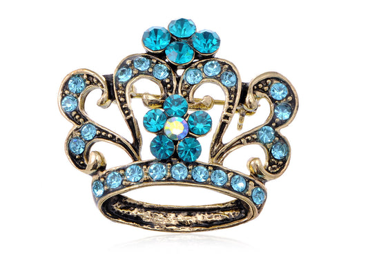 King Queen Sapphire Royal Aqua Blue Crown Brooch Pin