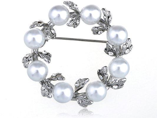 Bridal White Pearl Bead Reef Wreath Classic Pin Brooch