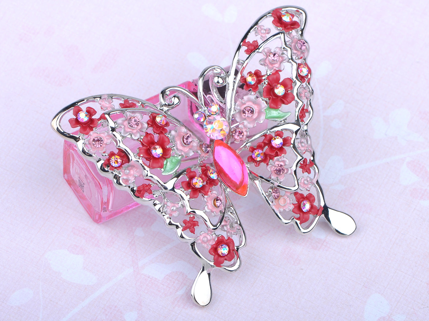 Floral Detail Filigree Fuchsia Ab Pink Butterfly Pin Brooch