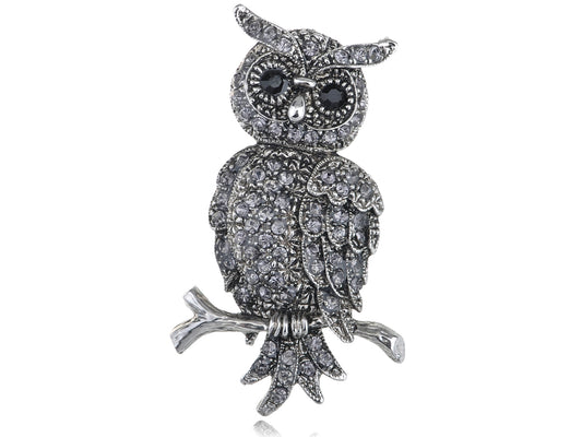 Antique Grey Owl Bird Hoot Branch Brooch Pin