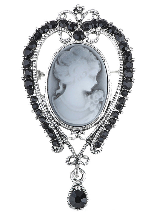 Black Victorian Grey Cameo Lady Woman Brooch Pin