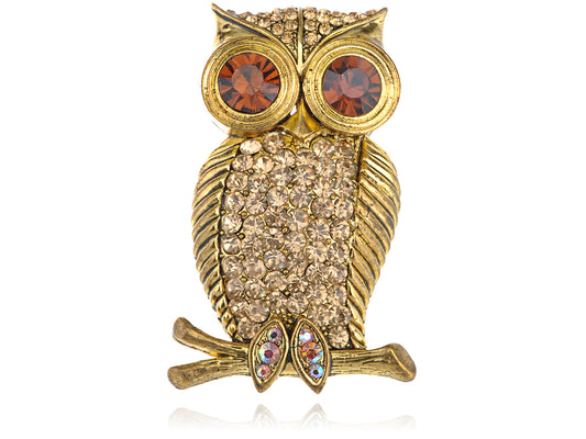 Smoked Topaz Eyed Hooting Tree Owl Bird Brooch Pin