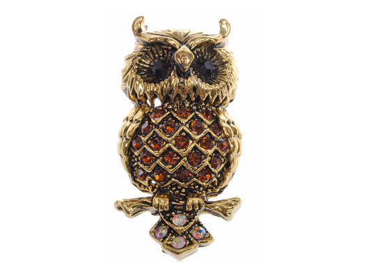 Smoked Topaz Aged Chubby Grandfather Tree Owl Bird Brooch Pin