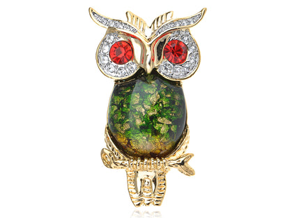 Ruby Red Eye Green Foil Bead Owl Bird Pin Brooch