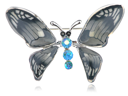 Grey Enamel Gloss Hand Painted Blue Opal Butterfly Brooch Pin