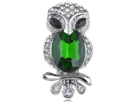 Emerald Green Colored Gems Cat Eyed Owl Bird Brooch Pin