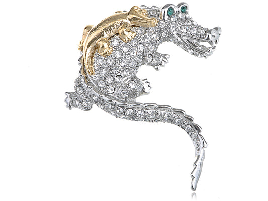 Emerald Eyed Alligator Crocodile Reptile Piggy Back Brooch Pin