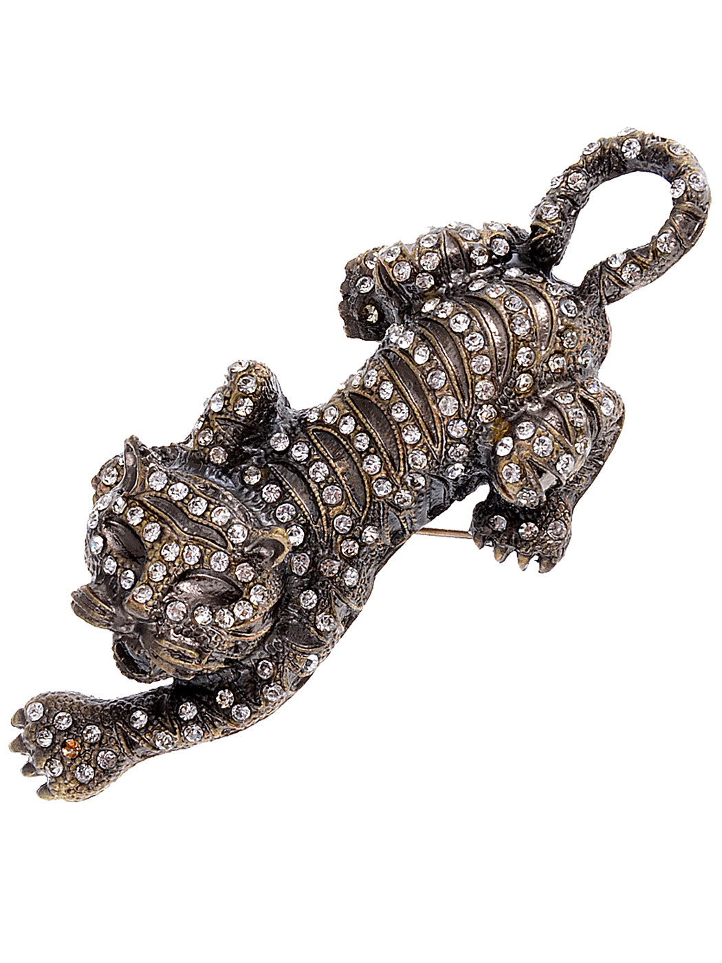 Antique Crouching Tiger Animal Brass Pin Brooch