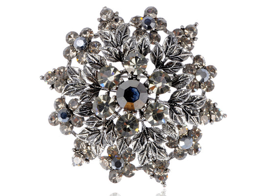 Gun Grey Floral Leaf Snowflake Wreath Crest Brooch Pin