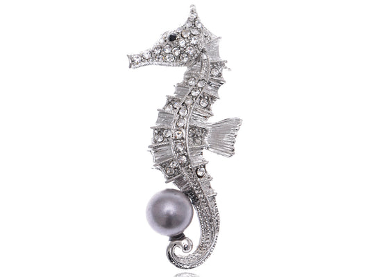 Grey Pearl Beaded Ocean Seahorse Pin Brooch