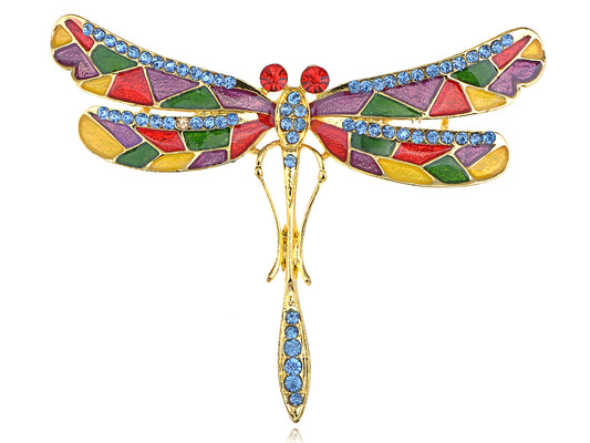 Colorful Enamel Painted Mosaic Wing Skinny Body Dragonfly Pin Brooch