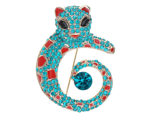 Turquoise Blue Red Enamel Cat Leopard Brooch Pin