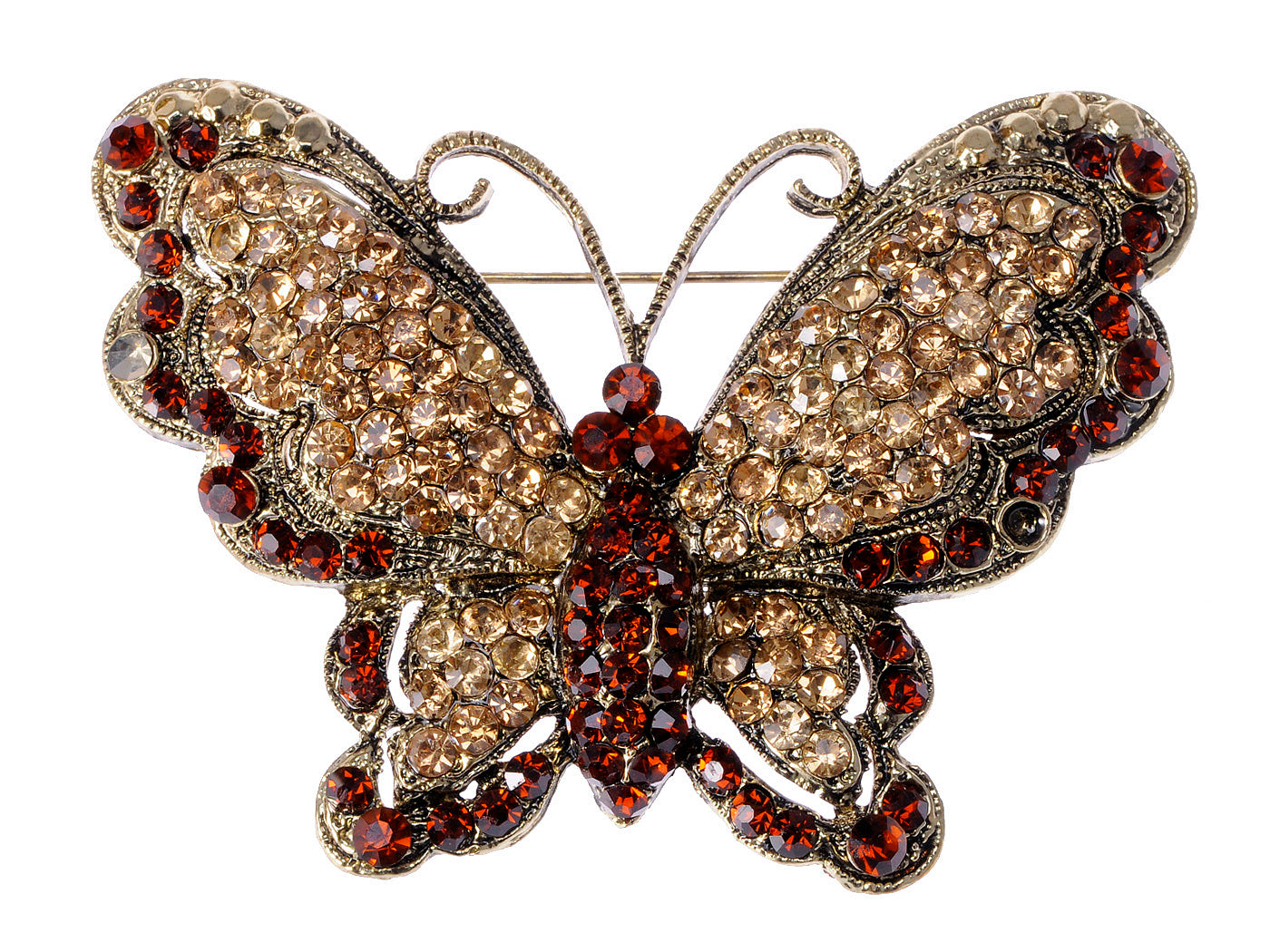 Antique Brass Red Topaz Butterfly Bug Brooch Pin