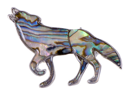 Silver Abalone Multi Colored Iridescent Wolf Coyote Brooch Pin